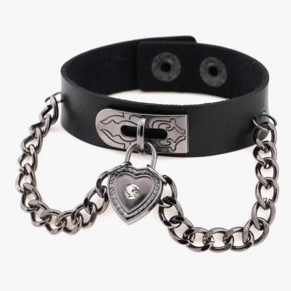 Black Faux Leather Bracelet Heart With Chains Punk Gothic